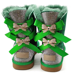 女性用ファッション足首の高さ冬暖かいシープスキンブーツラインストーン真珠光沢弓つま先スタイルラバーインソール秋シーズン - Product Image 5