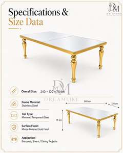 Table de banquet rectangulaire de luxe en acier inoxydable avec plateau miroir et pieds tournés pour événements de mariage – Vente en gros - Product Image 3