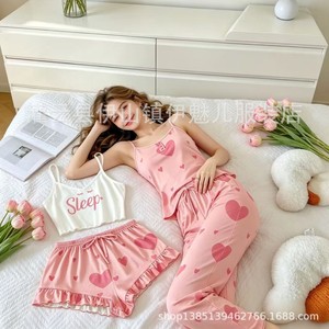 Conjunto de Ropa para el Hogar de Cuatro Piezas, Estilo 2026, con Diseño de Estampado de Corazones, Camisola y Pantalones Cortos Dulces, Pijama 7707 - Product Image 2