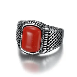 Custom OEM ODM Trendy New Ethnic Big Coral Stone Rings Mens Classic Resin Jewelry Silver Color Red Gemstone Party Bikers Rings