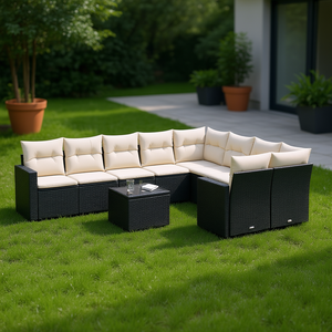 Garden Sofa Set 10 Piece <b>Black</b> PE Rattan Steel <b>Frame</b> Tempered Glass Outdoor Furniture Contemporary Design - Product Image 2