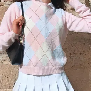 幾何学的なY2k美的ピンクニットセーター女性2020秋のプレッピースタイルチェック柄Oネック長袖プルオーバートップスジャンパー