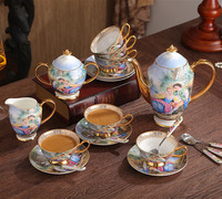 Service à café 15 pièces en porcelaine fine avec bordure dorée, élégant, pour mariage et décoration intérieure, style moderne et minimaliste, en céramique, pour restaurant, avec sucrier et crémier