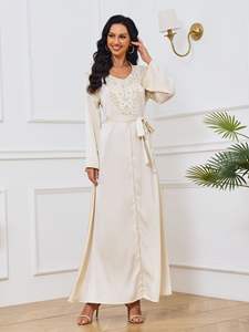 ドバイモロッコOマンスリランカ無地ビーズフラワーレースフロントフロア長さ控えめムスリム女性伝統的なカフタン - Product Image 2