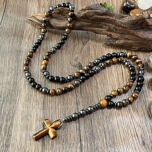 Collar con colgante de Cruz religiosa con cuentas de ojo de tigre amarillo hematita para hombres, regalo de estilo Hip Hop, joyería de Piedra de hierro - Product Image 2