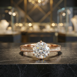 Anillo de Compromiso Clásico con Moissanita de Corte Brillante Redondo para Mujer, Oro Sólido de 18K, Chapado en Oro Rosa, Engaste de Puntas, Banda Pavé - Product Image 3