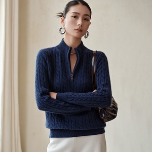 여성용 100% 순수 캐시미어 한국 스타일 따뜻하고 부드러운 가을 하프 터틀넥 긴팔 케이블 니트 풀오버 스웨터 - Product Image 2