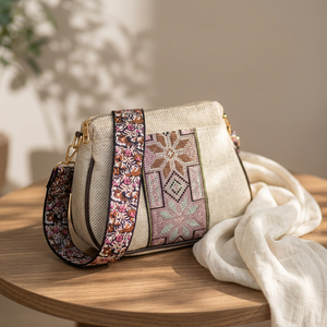 Sac bandoulière de luxe personnalisé vintage, style Jaipur, en raphia tressé brodé géométrique, avec fermeture éclair et large sangle de guitare, pour femme, idéal pour les voyages - Product Image 5