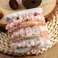 Bijoux roses pour filles mignonnes de la Saint-Valentin 6pcs bohème Quartz rose pierre naturelle coquille de verre perlée élastique drapeau américain ensemble de bracelets