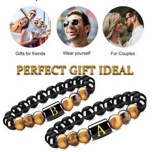 Gelang Manik-manik Mata Harimau & Obsidian Alami A-Z Desain Tali Elastis Bentuk Huruf Perhiasan Pernikahan Modis Pria Wanita - Product Image 3