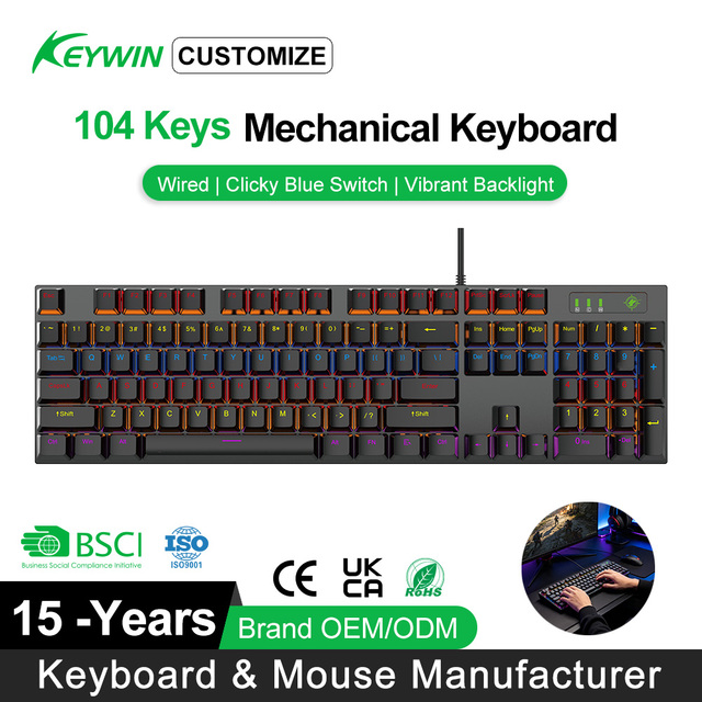 Keywin K101 Factory Stock 104 Keys Wired Mechanical Gaming Keyboard OEM Full Size LED Wired Mechanical Gaming Keyboard