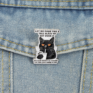 Spille in smalto a forma di gatto nero, divertenti e umoristiche, con scritta 'Let Me Pour You a Tall Glass of Get Over IT', all'ingrosso - Product Image 1
