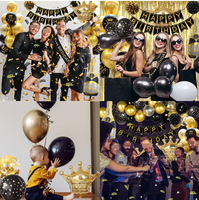 Décorations de fête d'anniversaire or et noir : arche de ballons en métal et latex, bannières, rideaux, pompons, décorations de gâteaux, écharpes, confettis, nappes