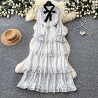 Robe longue à manches longues pour femme, coupe trapèze, taille empire, style vintage, motif à pois, avec nœud, design multicouche à volants, style 'French Sweet Cake Skirt', pour l'automne