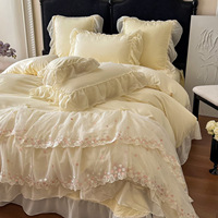 Parure de lit 4 pièces style Princesse Française en coton lavé couleur unie, avec housse de couette à volants en dentelle, douce pour la peau, haut de gamme
