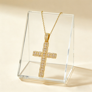 CUSTOM SILVER 10K/14K/18K GOLD PLATED LAB GROWN CVD DIAMOND CLASSIC ENGAGEMENT GIFT SWEATER <b>CHAIN</b> NECKLACE <b>CROSS</b> PENDANT VS - Product Image 4