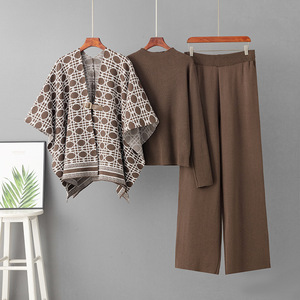 Custom Logo Three Piece Knit Set Mature Women Office Workwear Wholesale Factory Vintage Crew Neck Sweater Elegant Cape Cardigan - Product Image 1