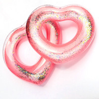 Mode OEM amour coeur forme clair paillettes scintillantes adultes enfants piscine flotteur double bras tube de bain gonflable anneaux de natation pour bébé