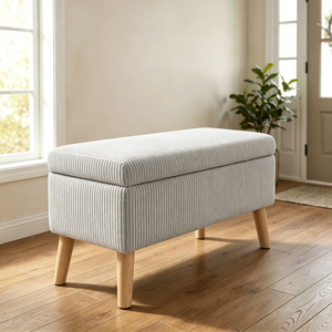 Panca contenitore in velluto a coste beige oliva, larga 32 pollici, con gambe in legno, coperchio ribaltabile e imbottitura morbida, per fondo letto - Product Image 1