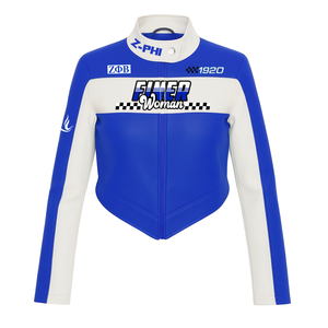 Customized <b>Women</b> Motorcycle <b>Jacket</b> Blue <b>White</b> Stand Collar Full Sleeve PU Leather Zipper Front Logo Print Autumn Windproof - Product Image 1