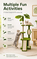 Arbre à chat en peluche robuste et écologique en forme de plante, avec poteaux à gratter en sisal, structure d'escalade multi-niveaux en velours, emballage en carton