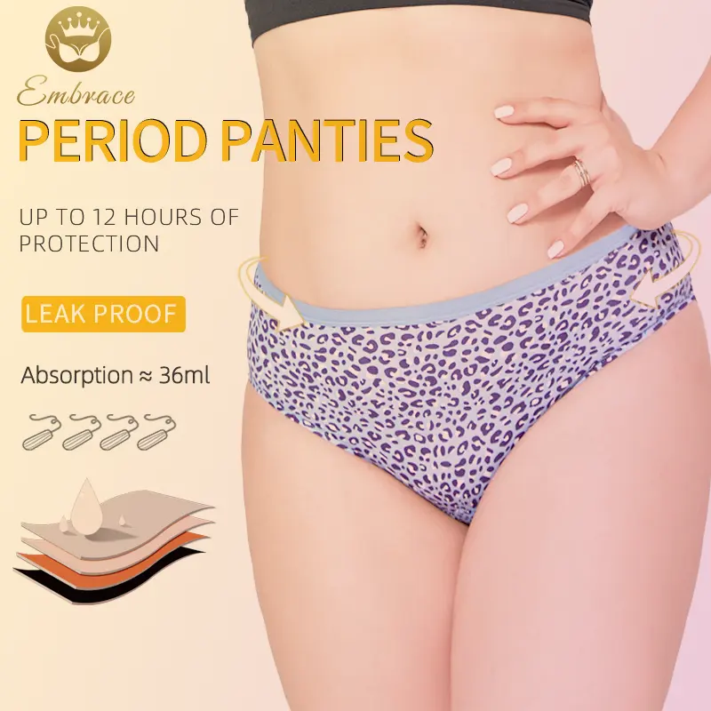 Leopard Printed Perlindungan Penuh Katun Organik Fisiologis Anti Bocor Penyerapan Celana Dalam Menstruasi Periode Singkat