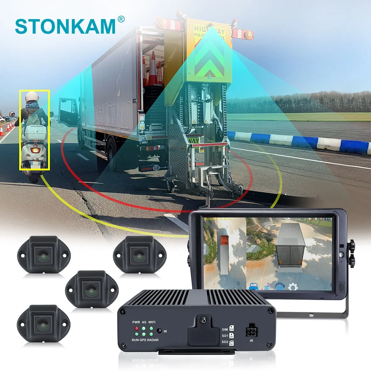 STONKAM 3D HD 360 학위 트럭 서라운드 뷰 자동차 카메라 모니터링 시스템 트럭 주차 센서 학교 버스