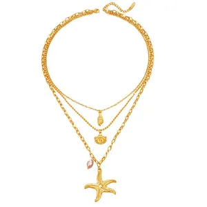 Link Chain Shell Starfish Layered Necklace 18k Gold Pendant Waterproof Fashion Tarnish Free Jewelry Necklaces For Women