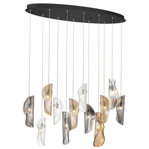 Lustre en verre ovale en spirale de luxe avec éléments en forme de feuilles en cascade, tons transparents or/argent, hauteur réglable, pour la maison ou le bureau - Product Image 1