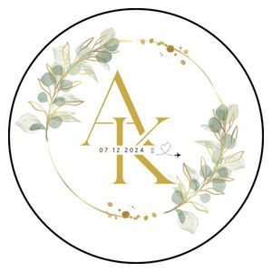 Pegatinas de Boda Redondas Personalizadas con Monograma, Diseño de Eucalipto y Lámina Dorada - Product Image 1