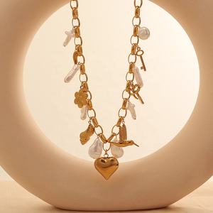 Collar de Perlas de Moda, Acero Inoxidable, Perlas de Imitación, Nudo de Mariposa, Amor, Paz, Pájaro, Flor, Collar Grueso - Product Image 3