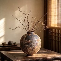 Vase ovale en poterie artisanale Wabi Sabi, pot en céramique marbré rétro pour branches séchées, décoration d'intérieur