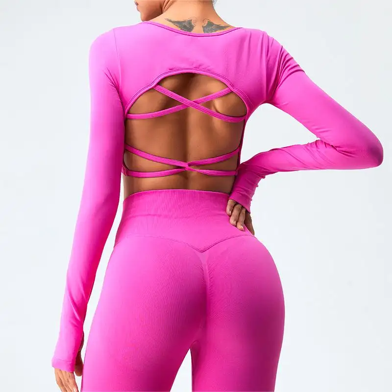 Vrouwen Nieuwe Lange Mouw Sexy Backless Cross Beauty Back Back Sneldrogende Sport Fitness Naadloze Yoga Top