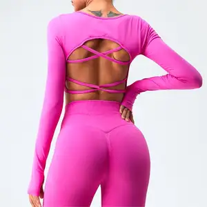 Mujeres nueva manga larga Sexy espalda descubierta Cruz belleza espalda de secado rápido deportes Fitness Yoga sin costuras Top