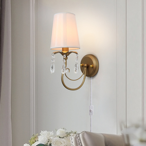 Applique murale de style américain abat-jour en tissu ampoules E14 applique en cristal pour chambre à coucher chevet - Product Image 5