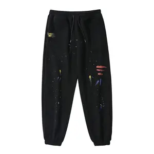 Y2k Sweatpants pantolon Unisex boy 350gsm 100% pamuk Polyester mürekkep baskı spor siyah Sweatpants erkekler için