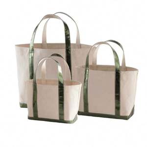 Bolsa de Mano de Lona de Algodón Ecológica para Mujer, Bolsa Tipo Cubo Lisa con Asas de Cuero Brillante, Logotipo y Diseño Personalizables - Product Image 1