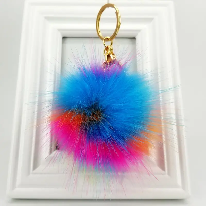 2022 NEW Style Rainbow Colorful Wholesale Fur Ball Pom Pom Keychain key chain Bag Pendant Car Accessory Decoration