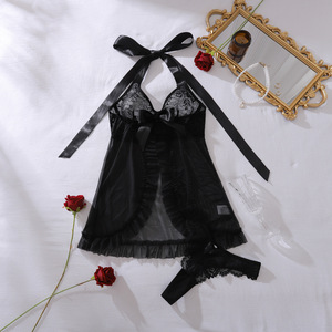 Hot Selling Luxury Halter V-Neck Embroidered Lace Lingerie Set Sexy Ruffle <b>Open</b> <b>Dress</b> <b>With</b> T-<b>back</b> <b>Bra</b> Set - Product Image 6