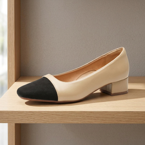 Soft PU Colorblock Style Thick <b>Heel</b> Lightweight Cork Outsole Spring 2026 Shallow Office Shoes Buckle Strap <b>Closed</b> <b>Toe</b> Barefoot - Product Image 3