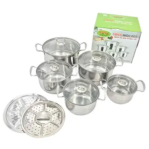 Set Panci Stainless Steel Isi 5 Buah, Set Panci Sup Dapur Resurant dengan Tablet Pengukus, Panci Sup Baja Tahan Karat