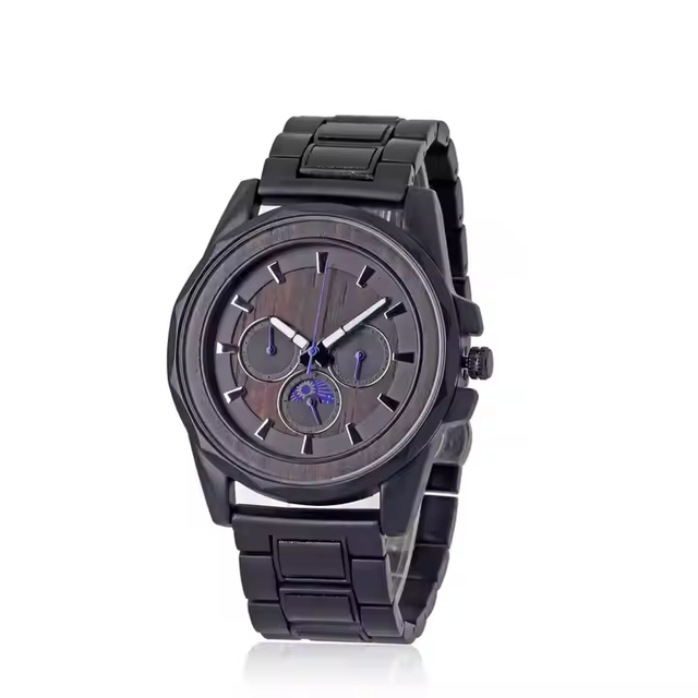 Moon Phase Date Timepieces Chronograph  Metal and Wooden Quartz Watch Classic High Quality 3 ATM Waterproof Men Wood Watch