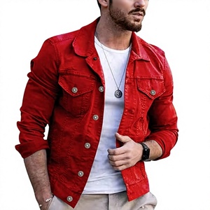 2026 Men's Red <b>Turn</b>-down Collar <b>Button</b> Closure Casual Style Slim Fit 100% Cotton Washed Front Pocket Regular Sleeve Denim Jacket - Product Image 2