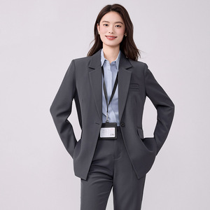 Women's Grey Suit Set Full Sleeve Notched Collar Anti-Wrinkle Formal Wear Autumn Professional Office Attire - Product Image 1