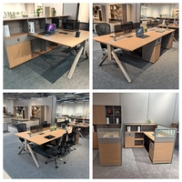 Bureau de travail moderne avec armoire de rangement, table de bureau double face en panneau E0 avec tiroir et étagère pour 4 personnes