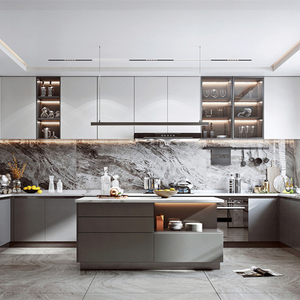 Directo de fábrica Casa Apartamento Roble natural blanco Gabinetes de cocina <span class=keywords><strong>integrales</strong></span> Diseño Gabinete de cocina de madera de estilo americano con Isla - Product Image 1