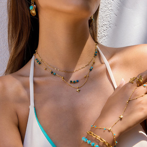 Collar de Acero Inoxidable Chapado en Oro de 18K, Joyería Hipoalergénica Impermeable, Colgante de Estrella de Piedra Natural Azul, Collar de Tres Capas - Product Image 3