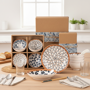 Ensemble de vaisselle en céramique peinte à la main bleu et blanc, bol, assiette, ensemble de service, écologique, pour coffret cadeau de mariage - Product Image 2