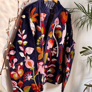 Hand Embroidered Velvet Quilted Bomber <b>Jacket</b> Women's <b>Mandarin</b> <b>Collar</b> Floral Pattern Full Sleeve Autumn/Cotton Zipper Closure - Product Image 6