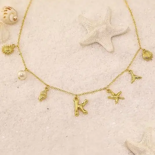 Summer Trendy Star Pendant Gold Plated Shell Pearl Necklace Bohemian Beach Jewelry Surfer Initial Letter Chain Necklace